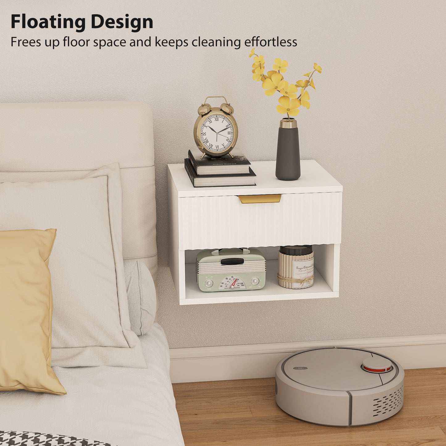 Ludi Set Of 2 Wooden White Wall Mounted Bedside Tables With Fluted Drawer And Shelf