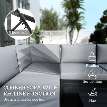 Nelire Light Grey 5 Seater Reclining Corner Garden Sofa Set With Wood Effect Table
