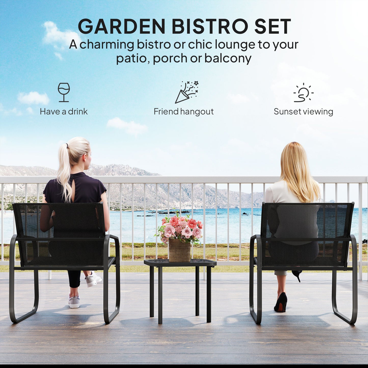 Macolu Metal Black 3 Piece Garden Seating Set With Table And Chairs