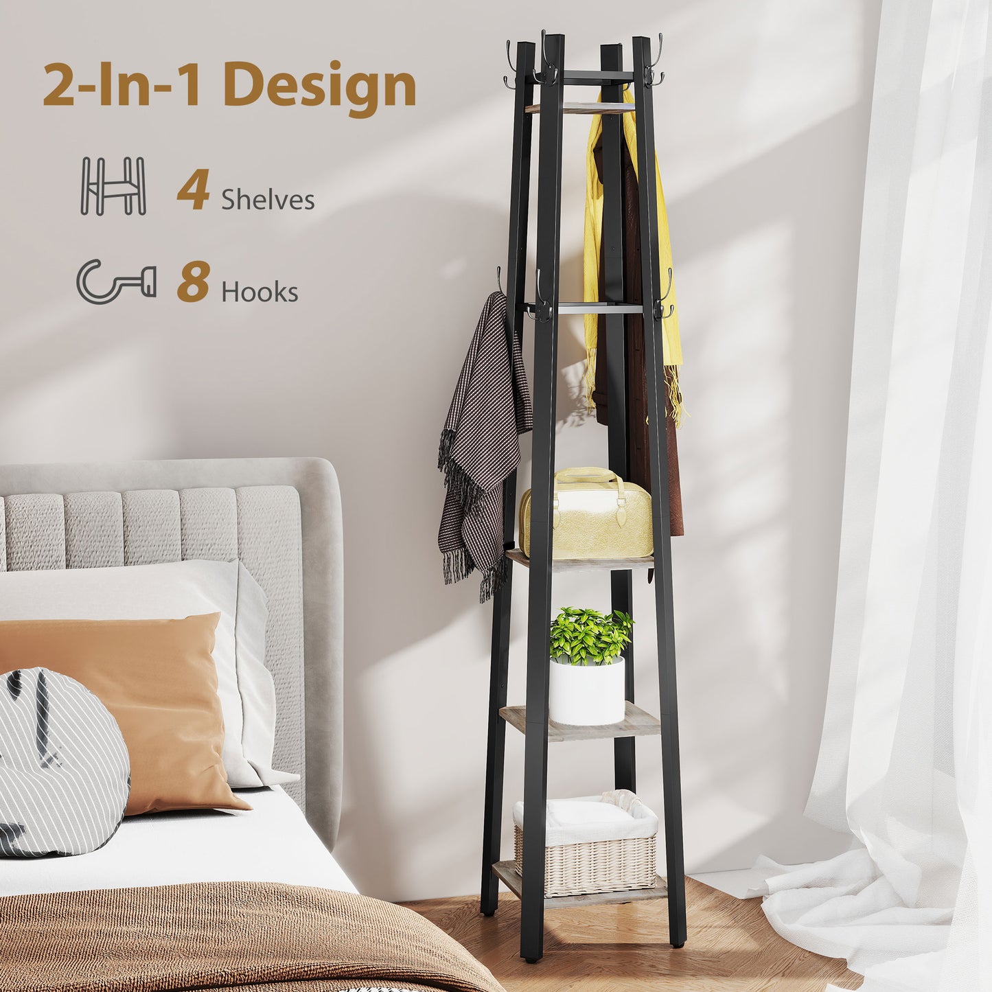Savapa Metal And Wood Grey And Black 4 Tier Industrial Coat Stand With Shelves