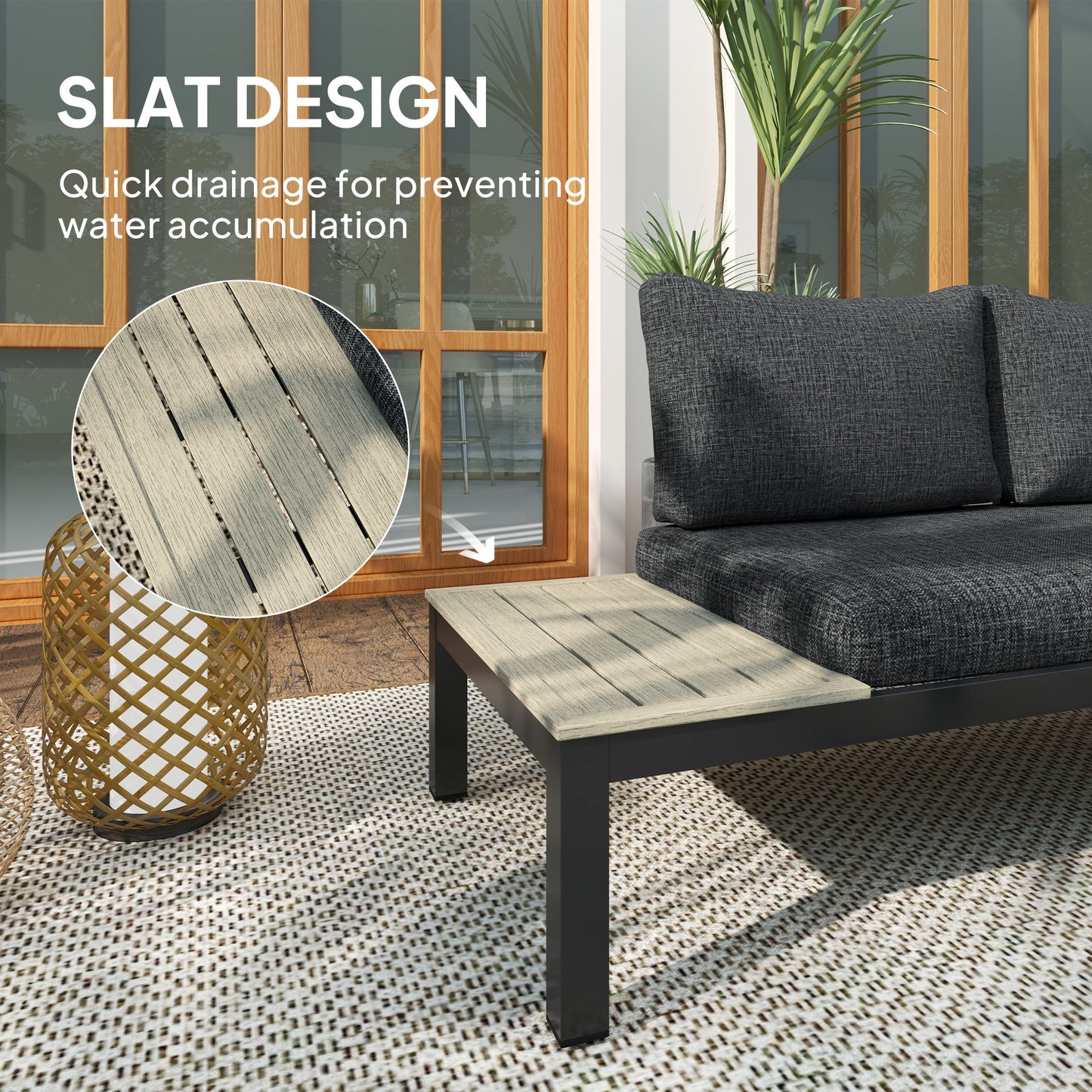 Tozitello Aluminium Dark Grey 3 Piece Corner Garden Sofa Set With Coffee Table And 2 Side Tables