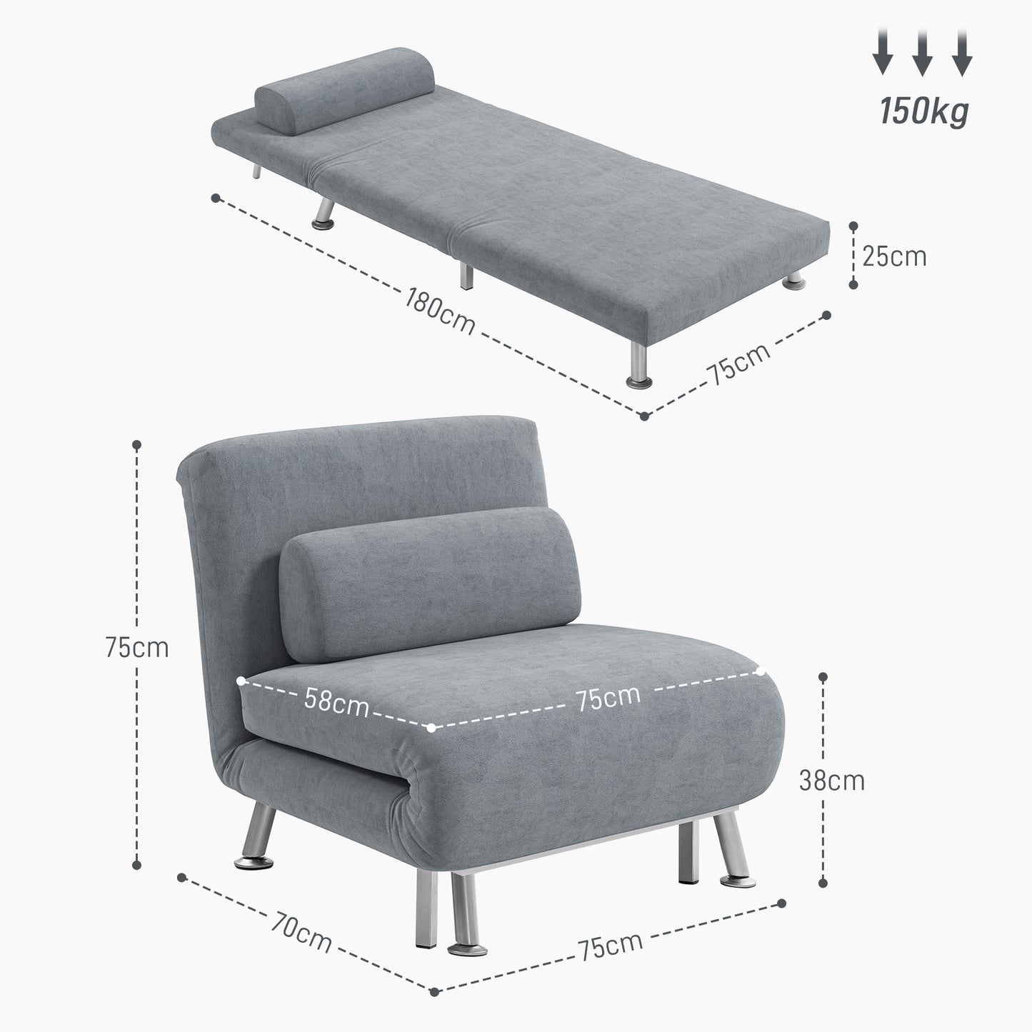 Noso Velvet Grey Single Sleeper Chair
