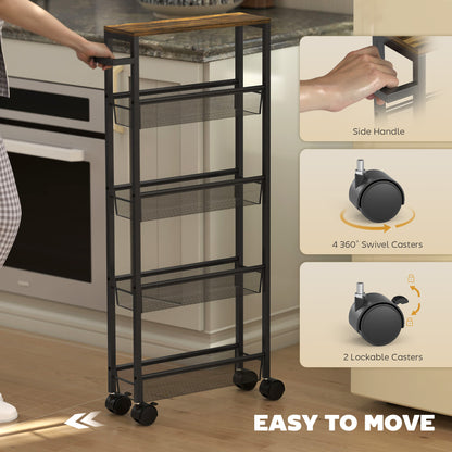 Raelno Metal Black 5 Tier Slim Storage Trolley With Wood Effect Top And Handle