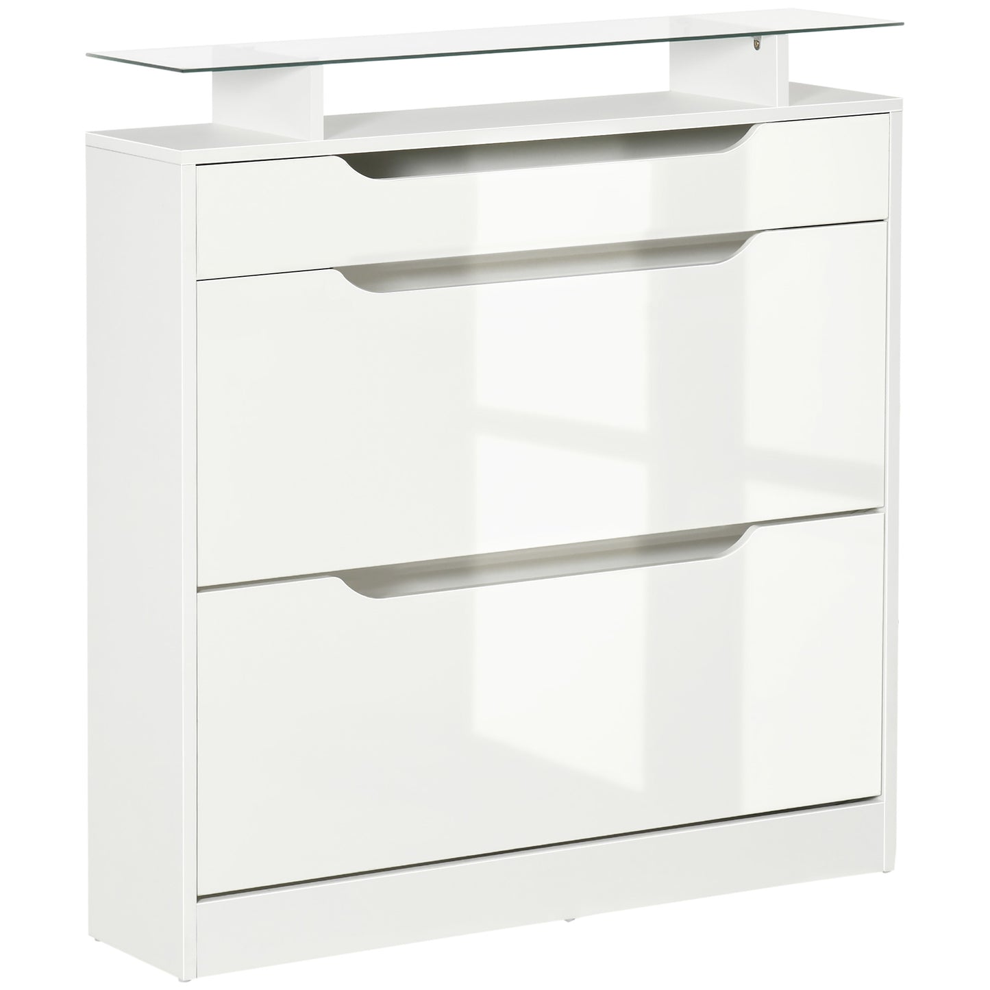 Masola Wooden White Shoe Cabinet With Sliding Drawer 2 Flip Doors And Glass Top