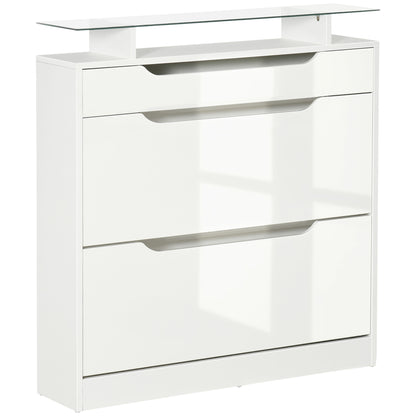 Masola Wooden White Shoe Cabinet With Sliding Drawer 2 Flip Doors And Glass Top