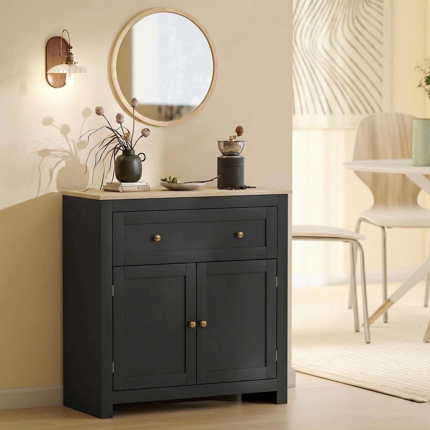 Elrere Wooden Black Modern Sideboard With Drawers Adjustable Shelves And Double Doors