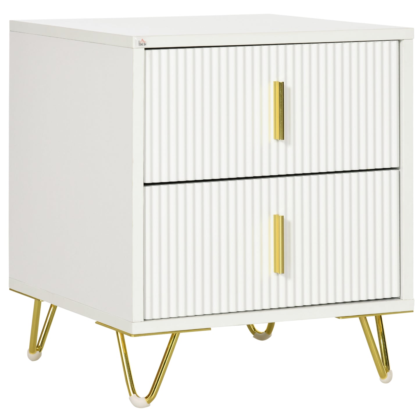 Bapano White And Gold 2 Drawer Ribbed Bedside Table Gold Accents
