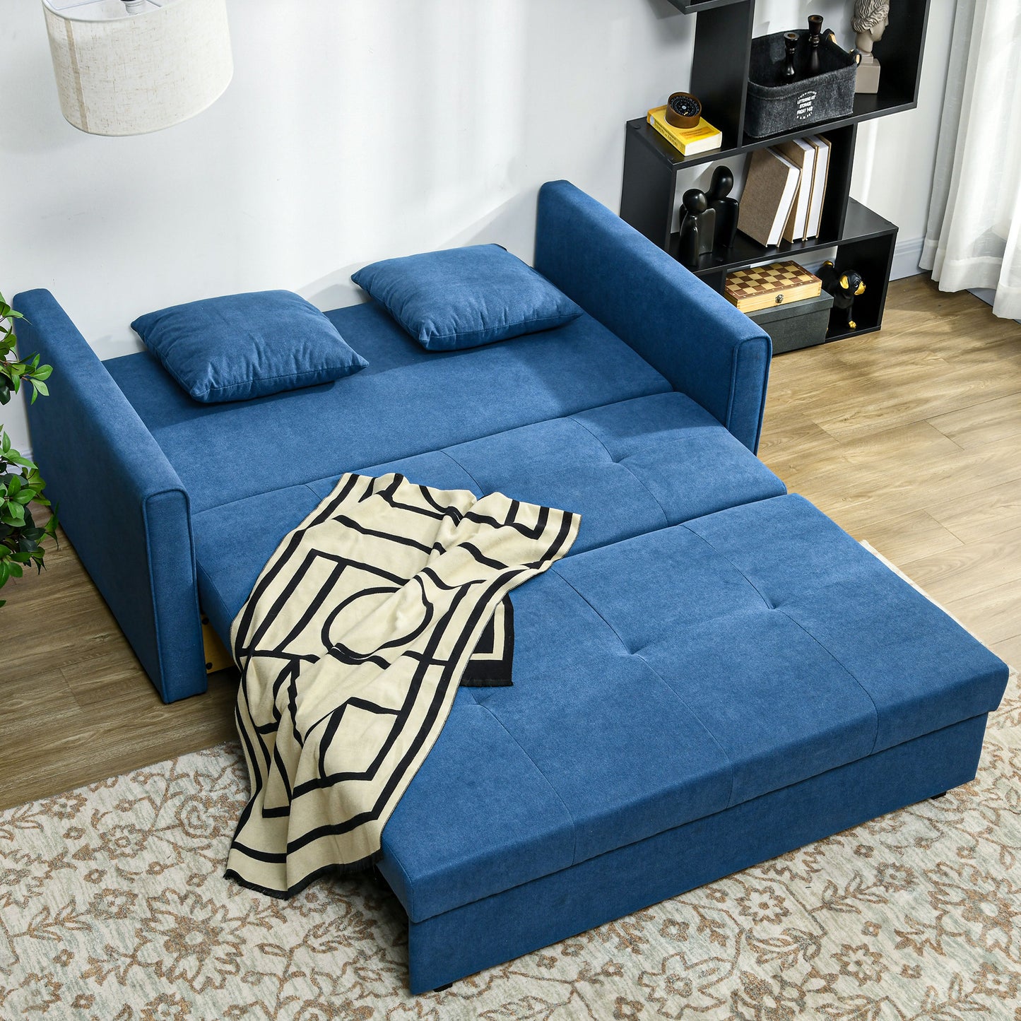 Palani Bayo Snow Flannel Deep Blue 2 Seater Sofa Bed With Hidden Storage And Cushions