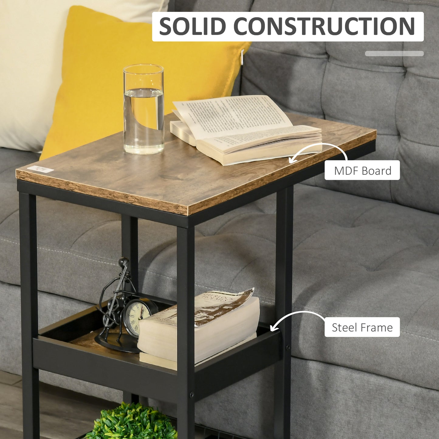 Lufaro Set Of 2 Mobile C Shaped Side Tables With Locking Wheels Metal And Wooden Dark Brown