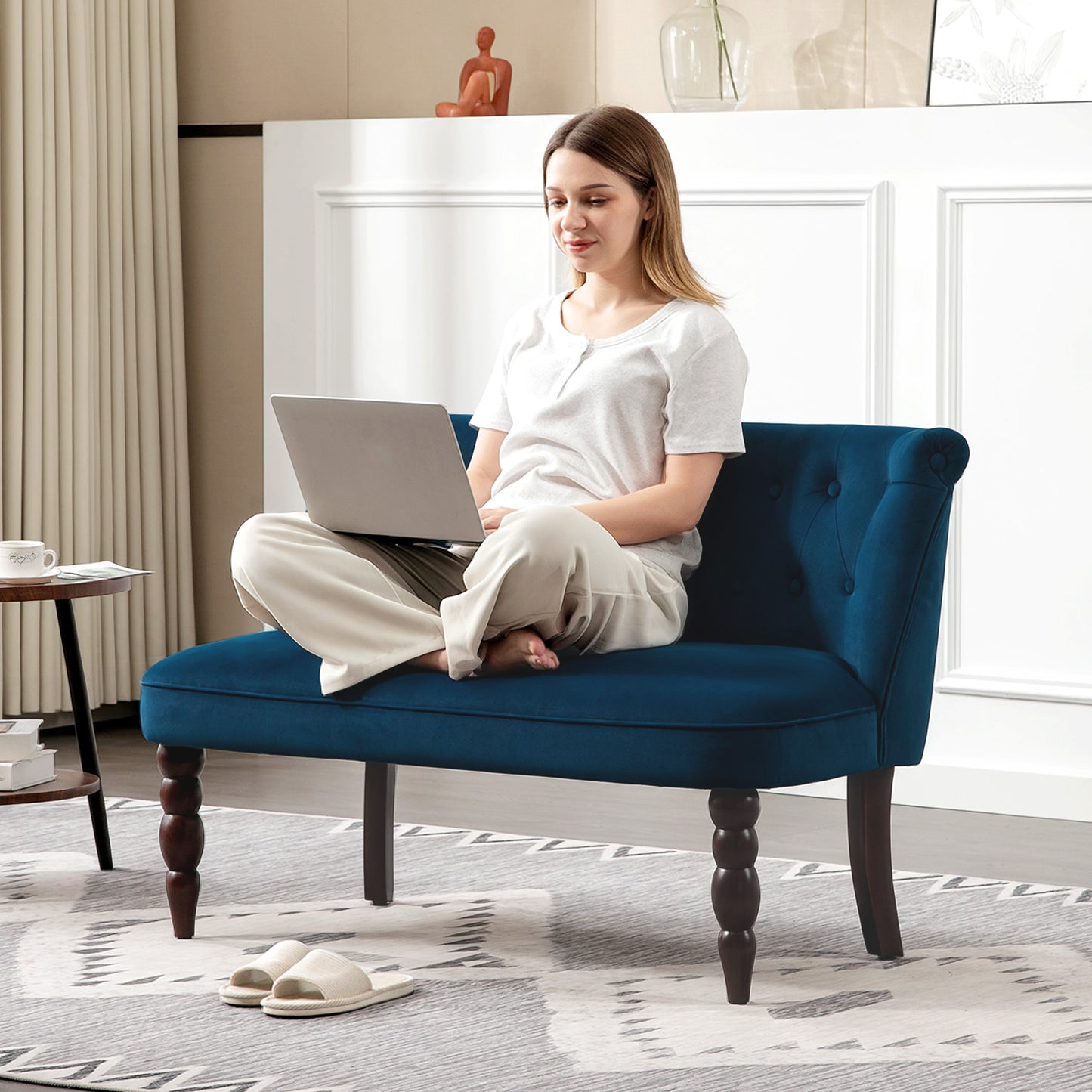 Layono Dark Blue Velvet Diamond Button Tufted Wingback 2 Seater Sofa