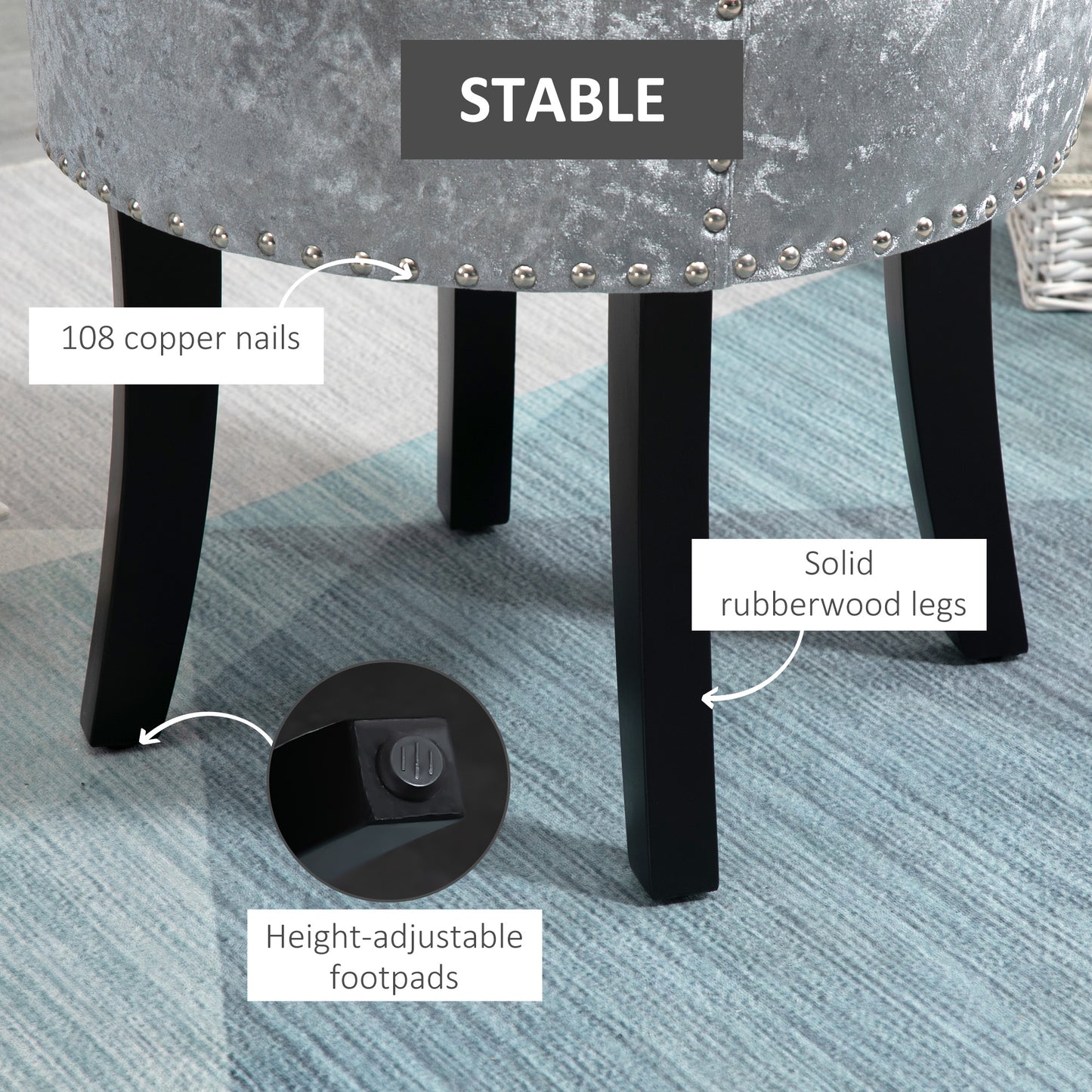 Mocareba Grey Velvet Dressing Table Stool With Rubber Wood Legs