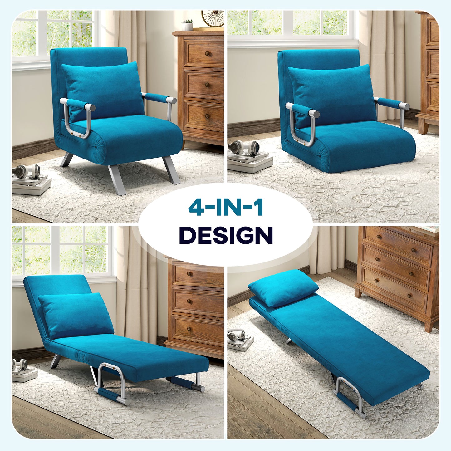 Neyo Faux Suede Blue 4 In One Convertible Chair Bed