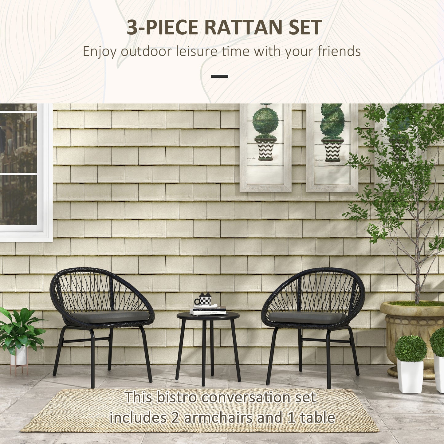 Lukeno Black Rattan Rope 3 Piece Outdoor Bistro Set Table and 2 Chairs Set