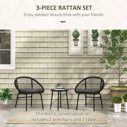 Lukeno Black Rattan Rope 3 Piece Outdoor Bistro Set Table and 2 Chairs Set
