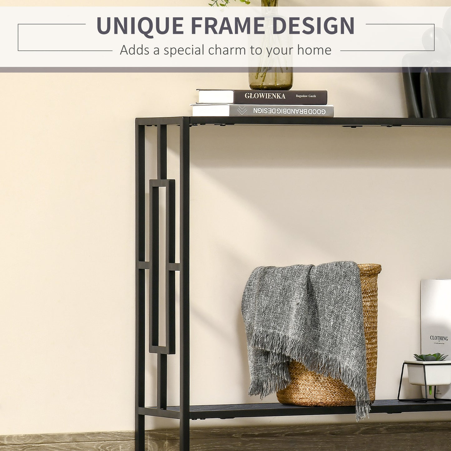 Comi 106cm Metal And Wooden Grey And Black Narrow Industrial Console Table With Bottom Shelf