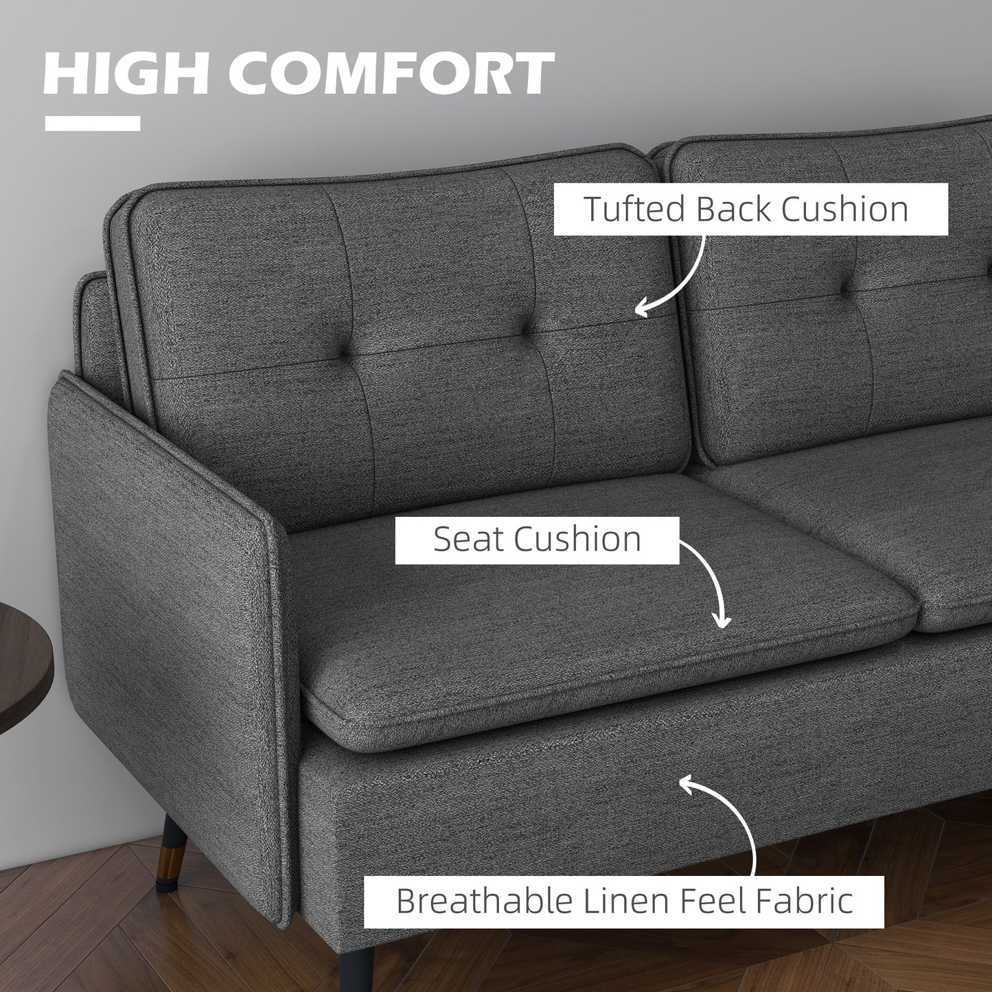 Luta Fabric Dark Grey Button Tufted 2 Seater Sofa With Cushions And Steel Legs