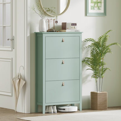 Diveve Wooden Mint Green Modern 3 Drawer Shoe Cabinet Faux Leather Handles