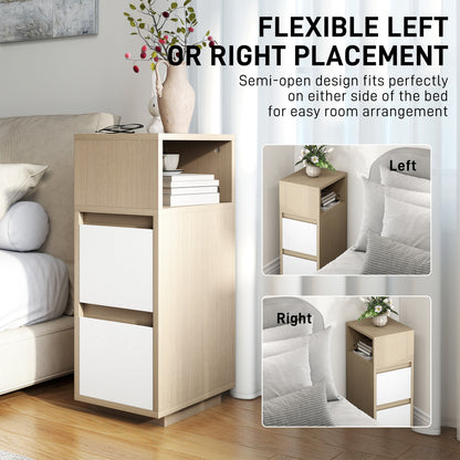 Noyo Natural Wood Finish Slim Bedside Table With 2 Drawers And Open Shelf