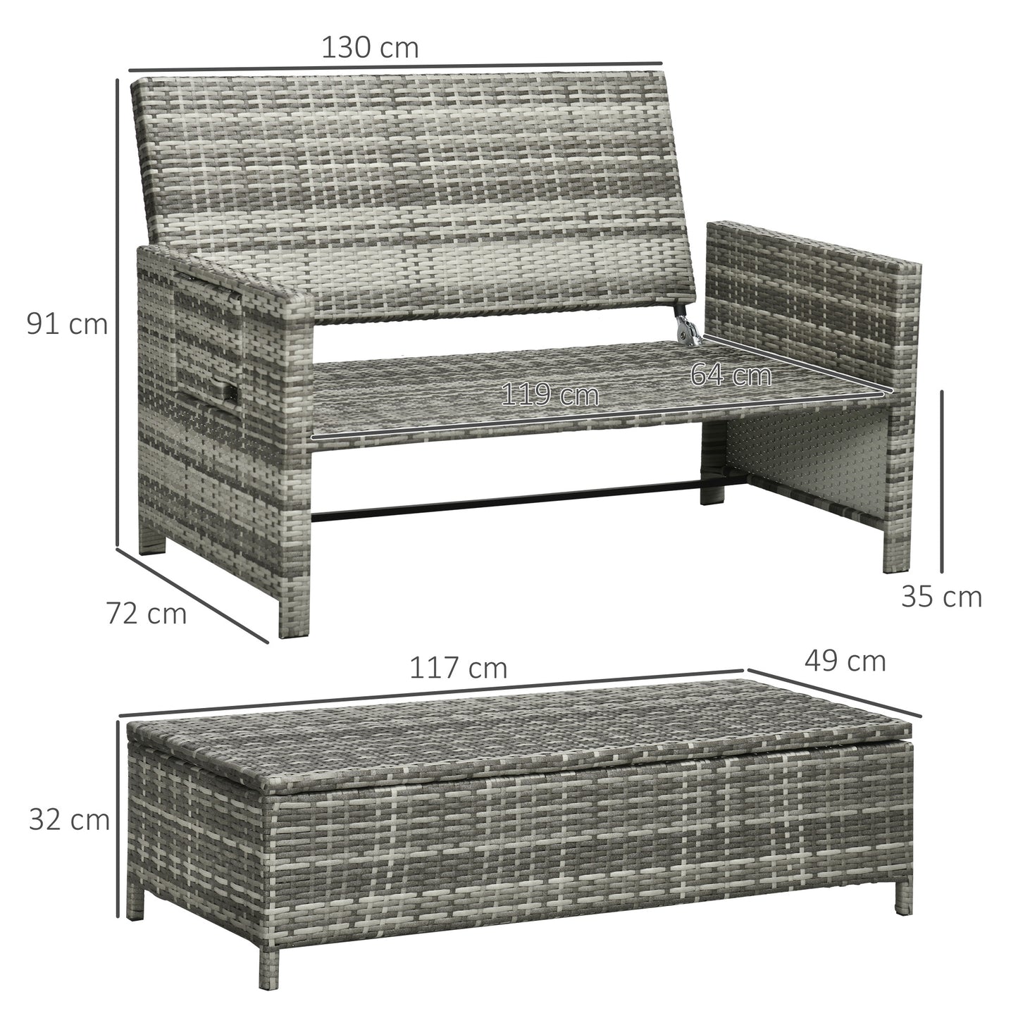 Elco Faux Rattan Mixed Grey Double Outdoor Daybed With Adjustable Back Storage Ottoman Cushions And Trays