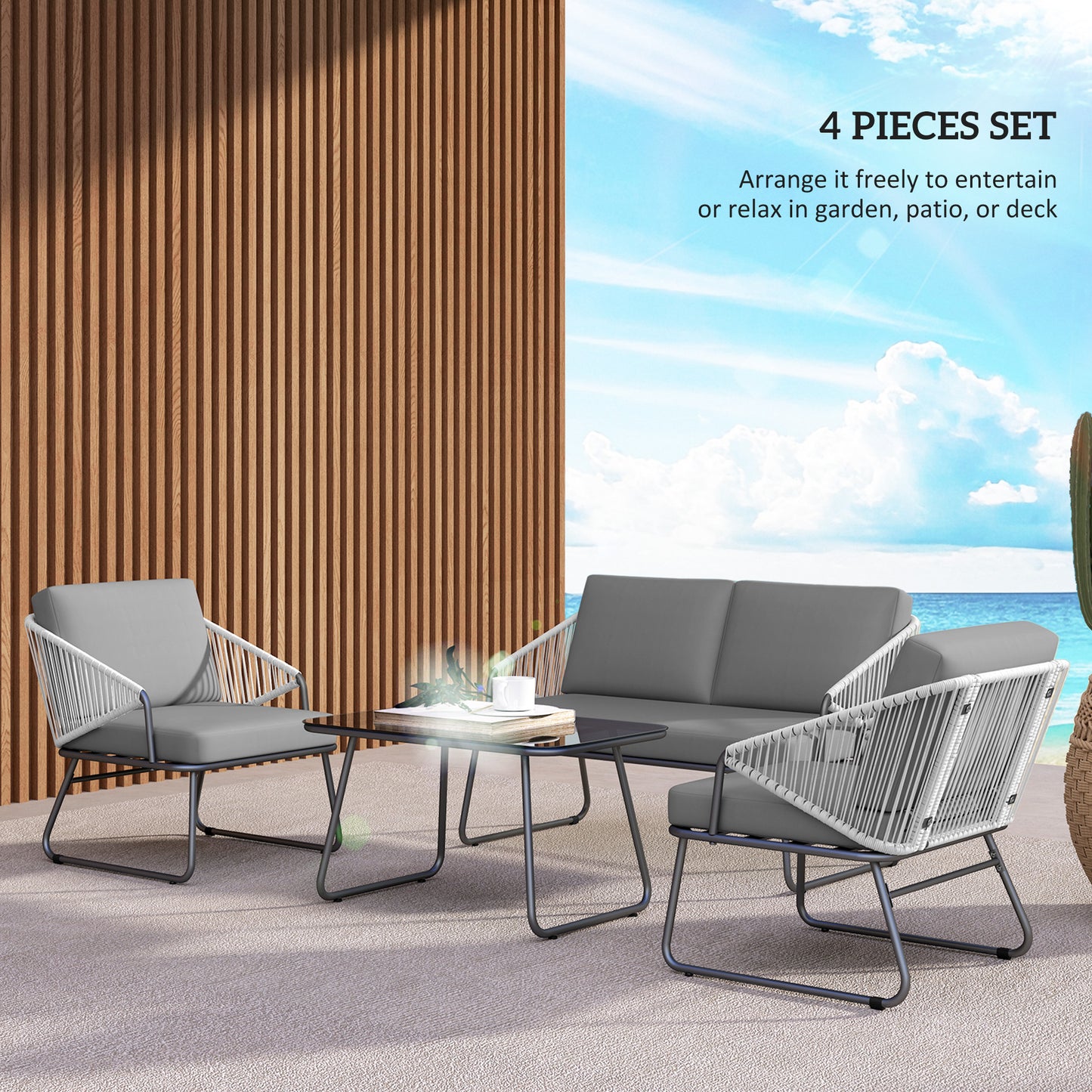 Yoma Grey Rattan String 4 Seater Outdoor Sofa Set