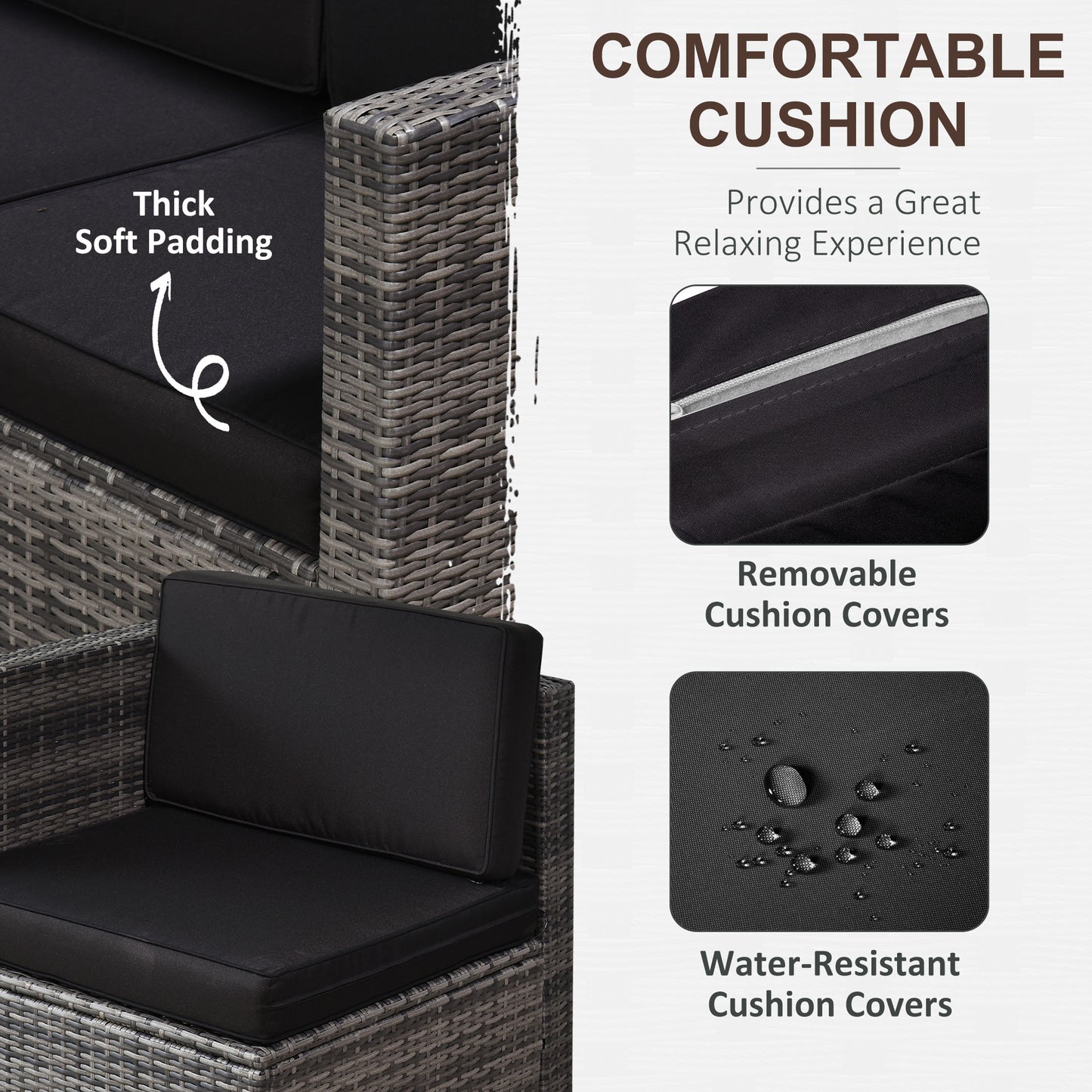 Nane Rattan Grey 6 Seater Outdoor Sofa Set with Coffee Table Glass Top Black Cushions