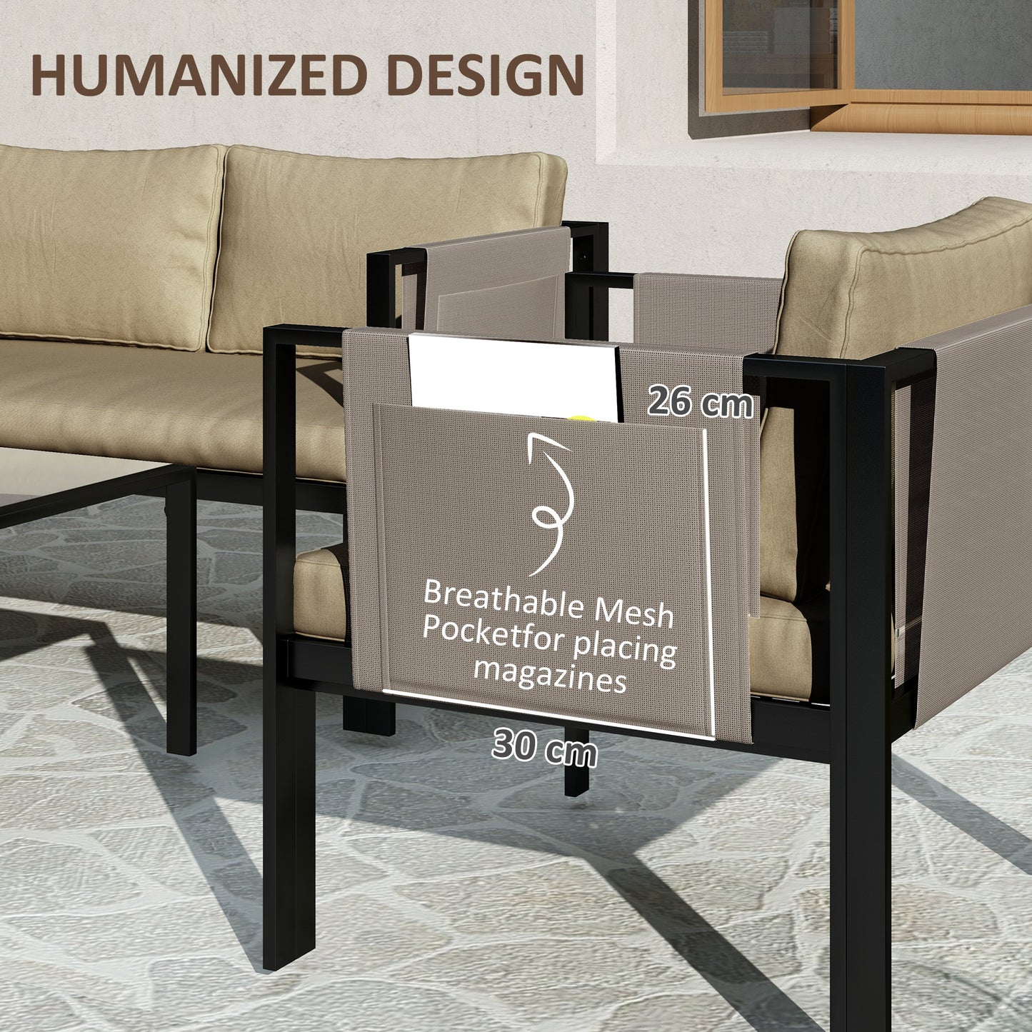 Namato Beige 4 Seater Outdoor Sofa Set With Glass Table and Side Pockets
