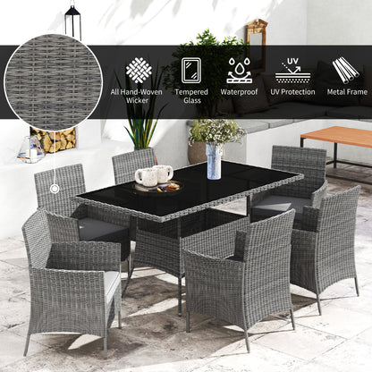 Lona Rattan Charcoal Grey 6 Seater Outdoor Dining Set With Cushioned Armchairs And Rectangular Glass Table