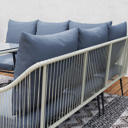 Vika Natural Rattan Grey 7 Seater Garden Sofa Set with Coffee Table and 2 Stools