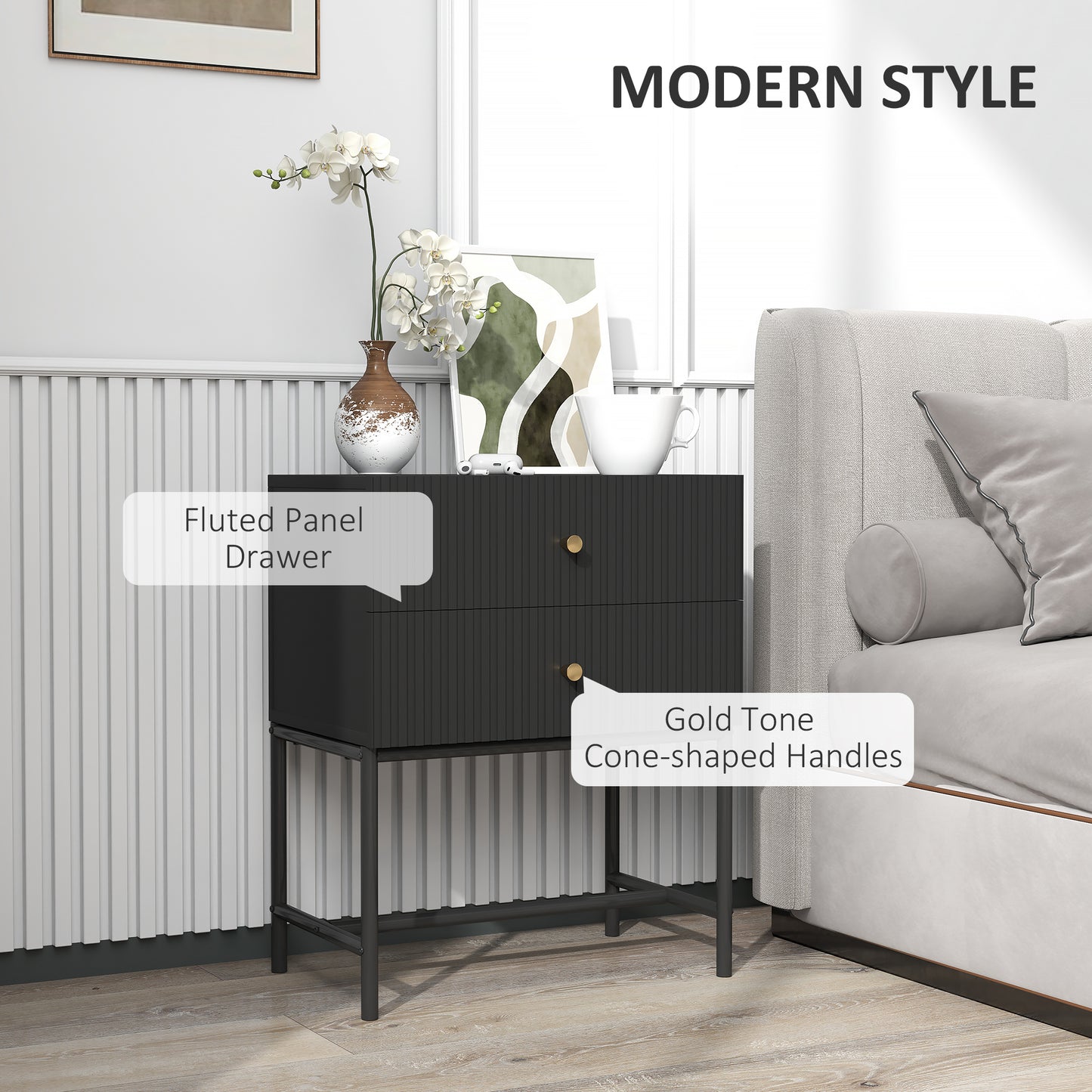 Nafico Black and Gold Elegant 2 Drawer Ribbed  Bedside Table
