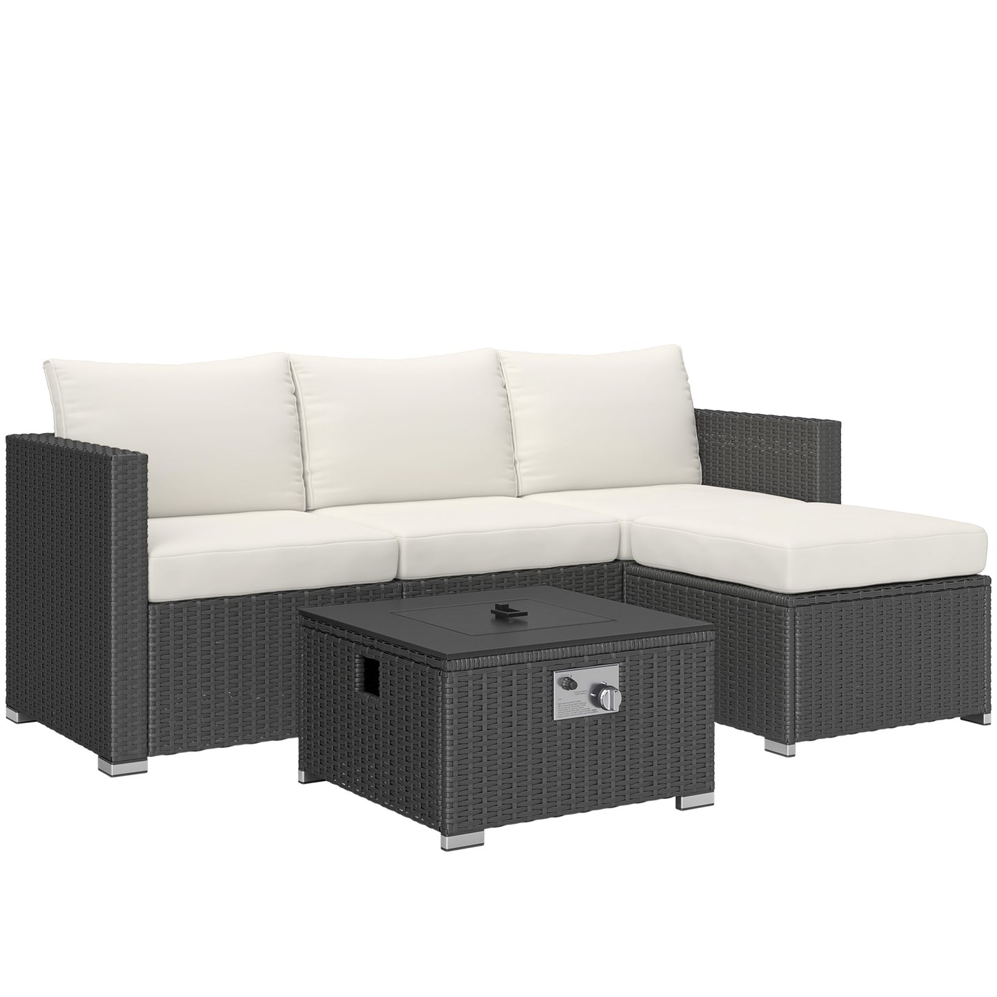 Misa Rattan Black And Cream 5 Piece Garden Furniture Set With Gas Fire Pit Table And Footstool