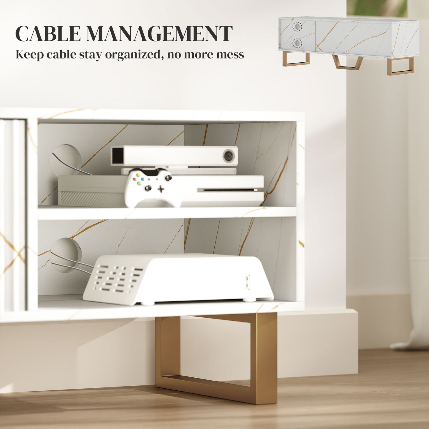 Veriri 140cm White Marble and Gold Effect TV Unit With Fluted Doors For Screens Up To 70 Inches