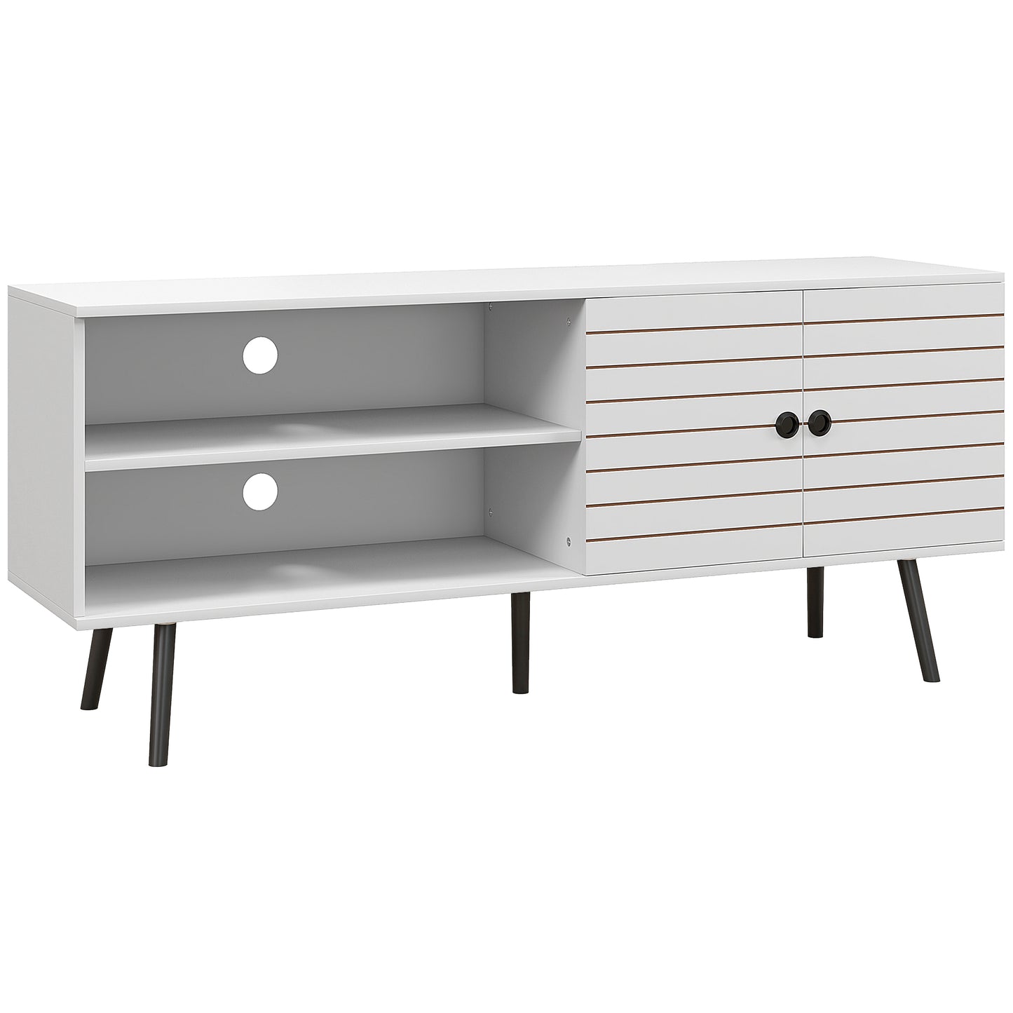 Lare 145cm Wooden White TV Unit With Stripe Doors Open Shelves And Wooden Legs