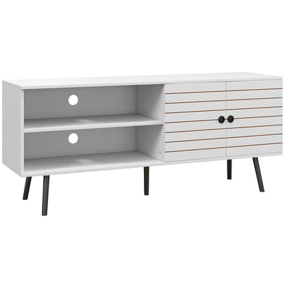 Lare 145cm Wooden White TV Unit With Stripe Doors Open Shelves And Wooden Legs