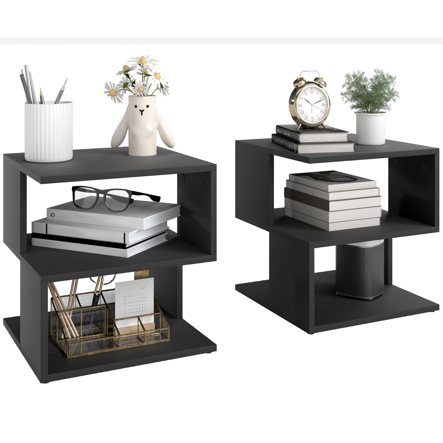 Dosasu Wooden Black Set Of 2 Square Side Tables With 2 Tier Storage