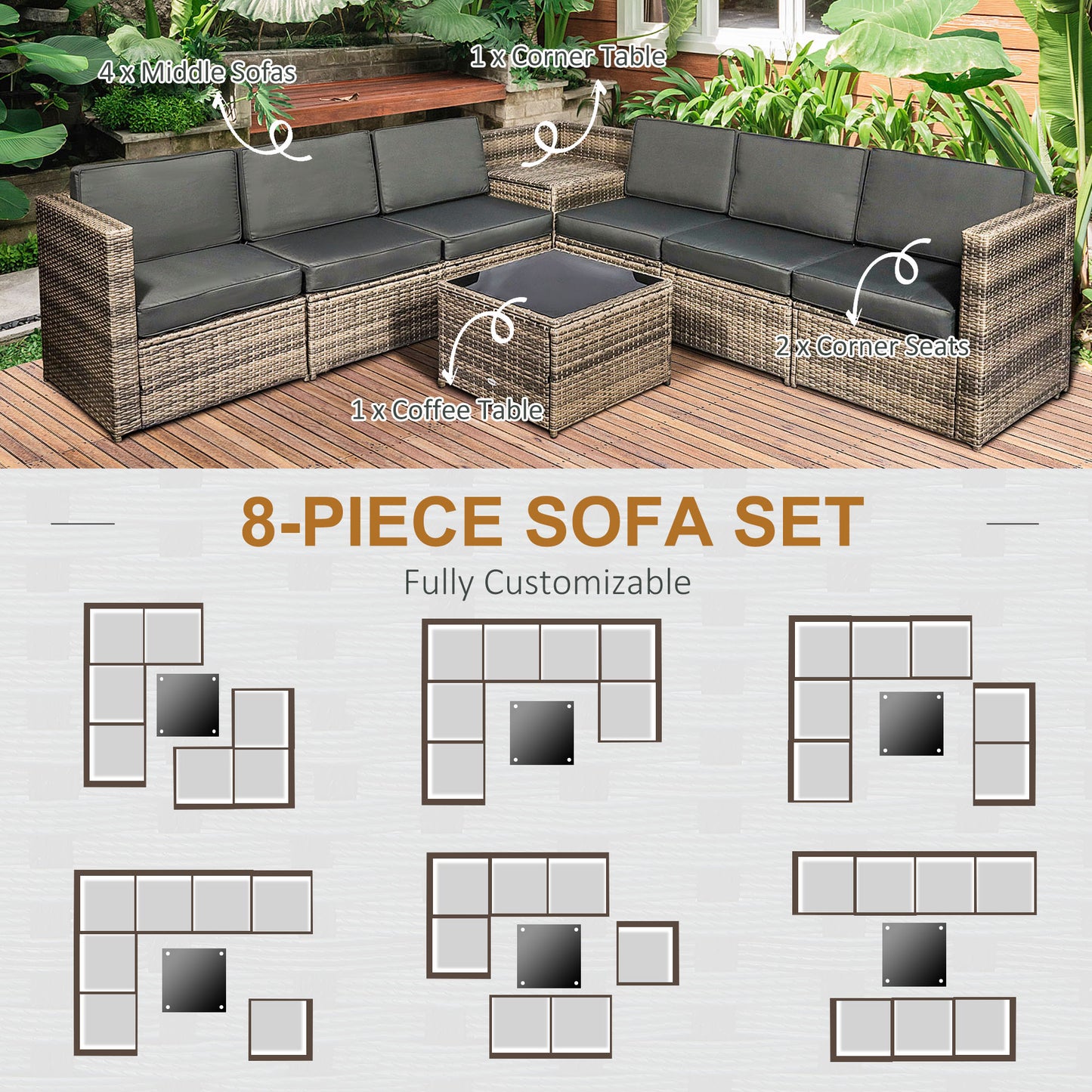 Lofa Rattan Brown 6 Seater Outdoor Corner Sofa Set With Cushions And Glass Coffee Table