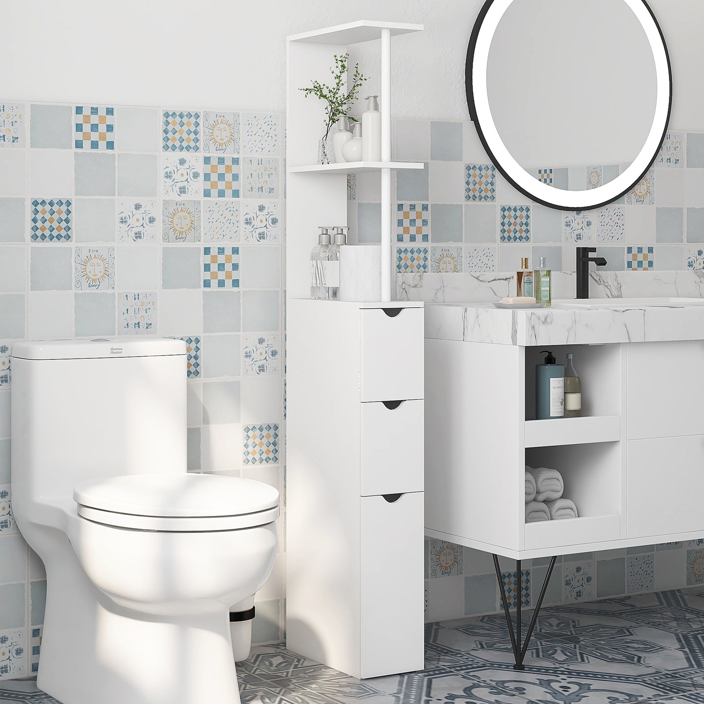 Tafi Slim Tall Bathroom Cupboard With Drawers And 2 Tier Shelving Unit White