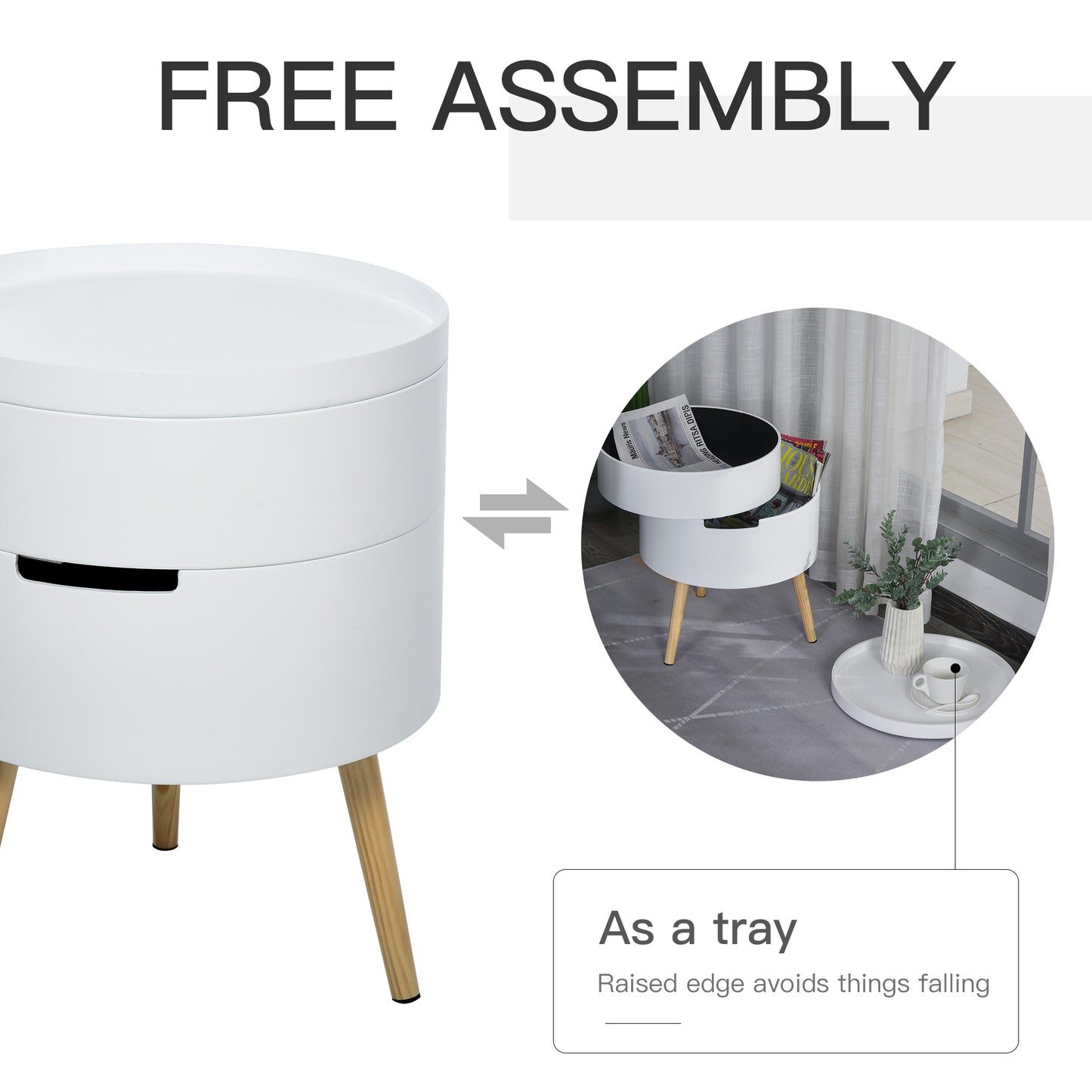 Lalo Set Of 2 Wooden White Round 3 Tier Bedside Tables With Hidden Storage and Tray Tops