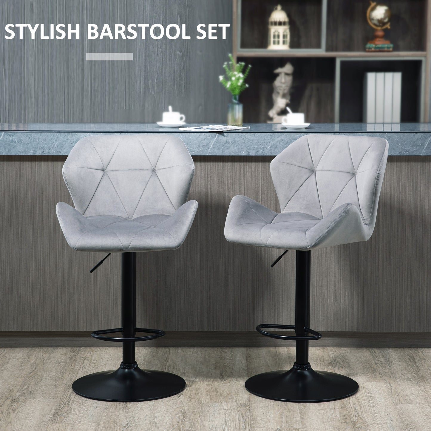 Savi Velvet Grey Adjustable Swivel Bar Stools Set Of 2 With Sculpted Seat And Footrest