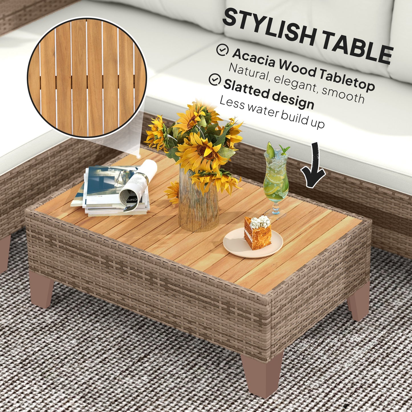 Serado Natural Rattan and Cream Fabric 3 Piece L Shaped Outdoor Conversation Set With Wood Top Table