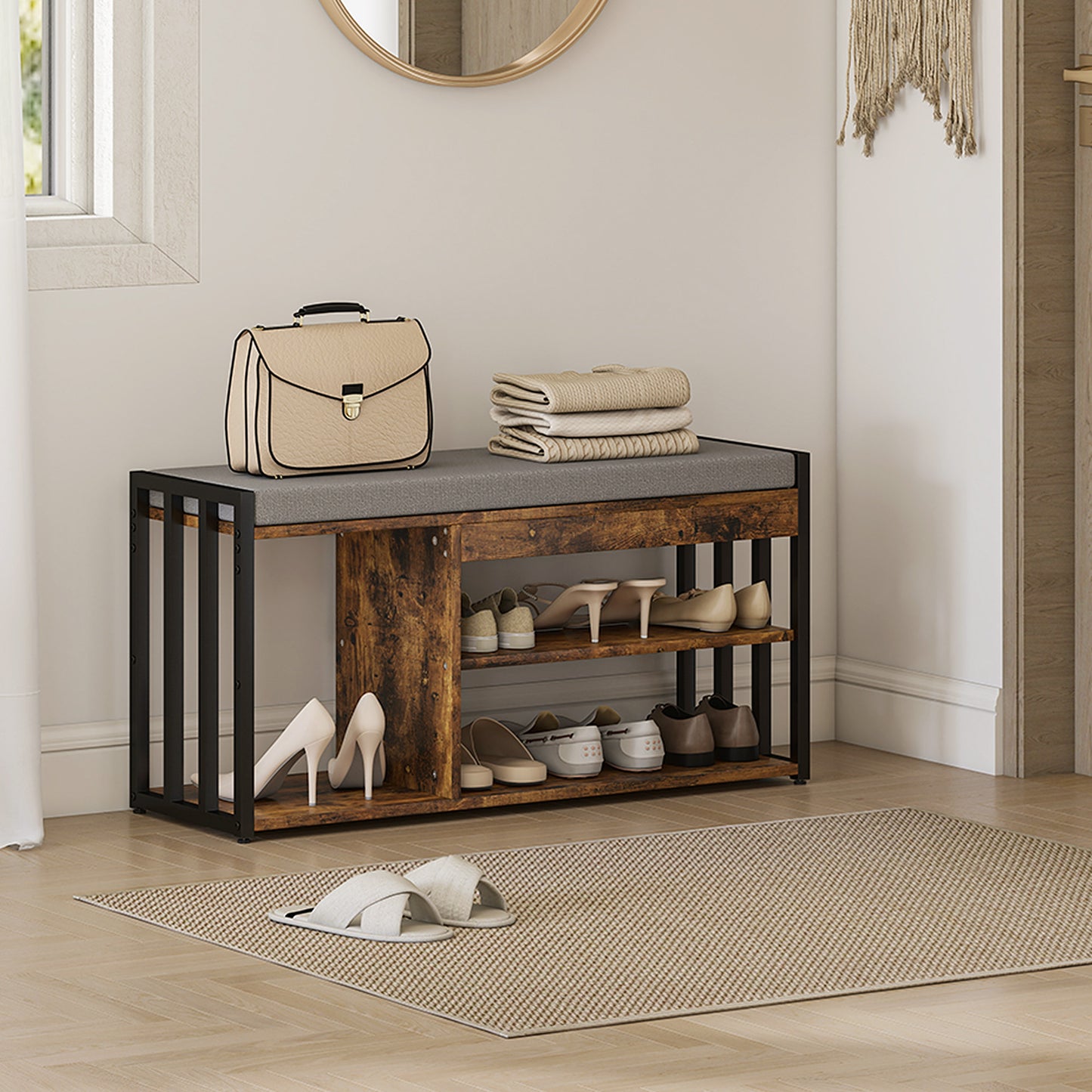 Soli Wooden Rustic Brown Upholstered Shoe Bench With 3 Shelf and Grey Padded Seat