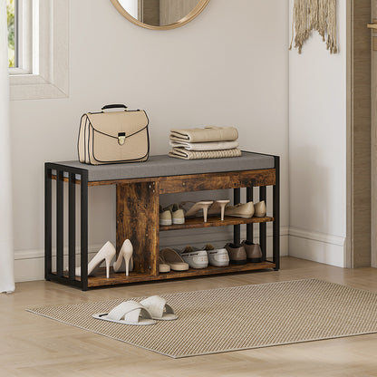 Soli Wooden Rustic Brown Upholstered Shoe Bench With 3 Shelf and Grey Padded Seat