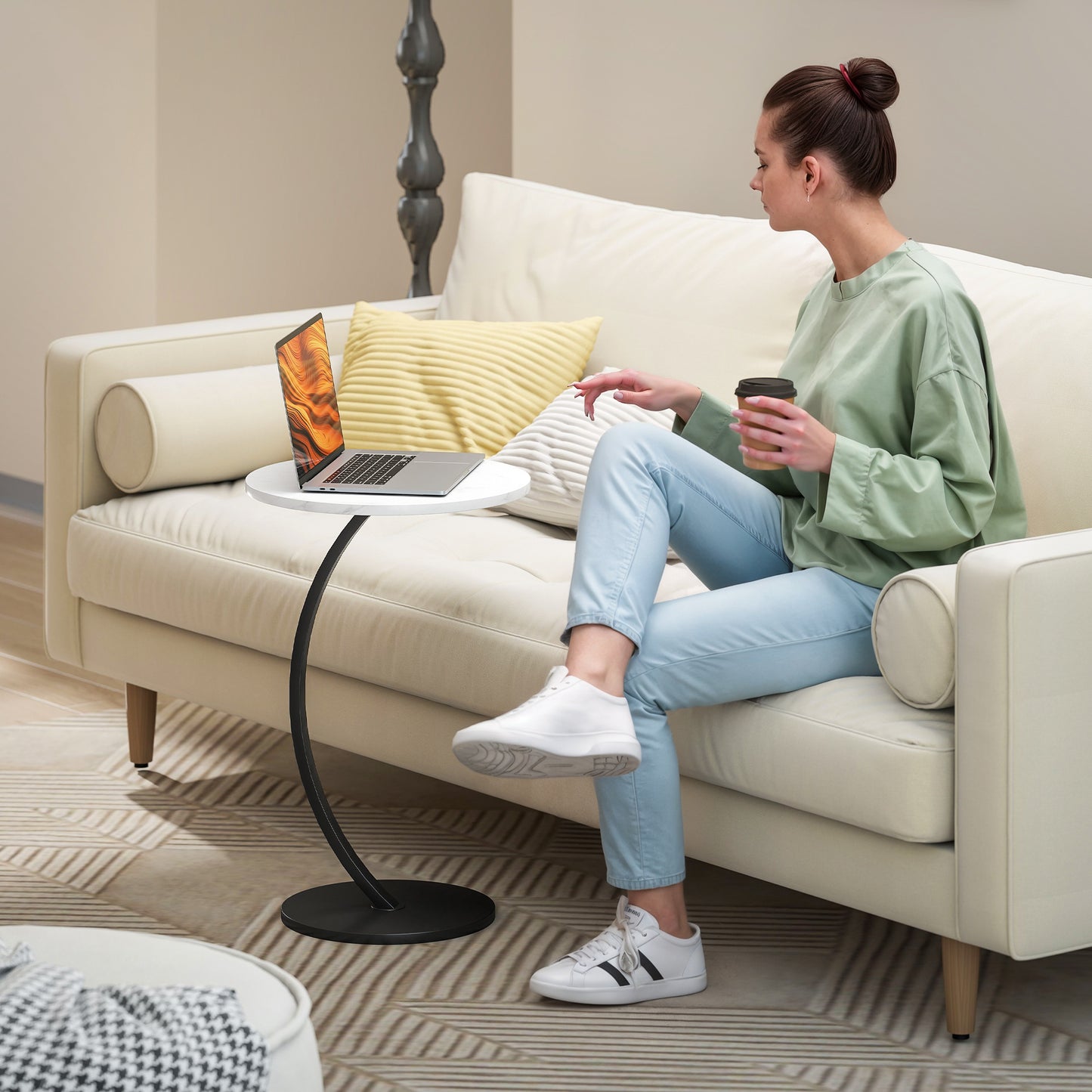 Dimo Round C Shaped Side Table With Marble Effect Top