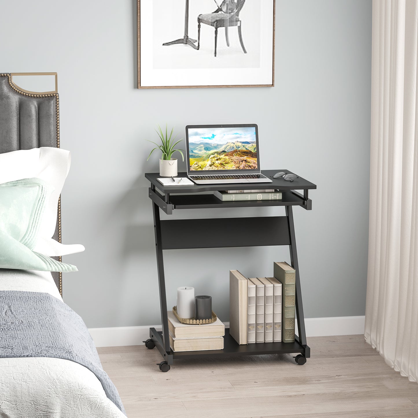 Kamo Wooden Black Mobile Desk With Castor Wheels And Sliding Keyboard Tray