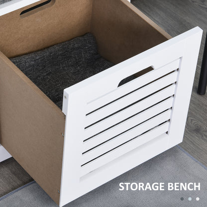 Vesava Wooden White 3 Drawer Slatted Shoe Storage Bench with Grey Padded Seat