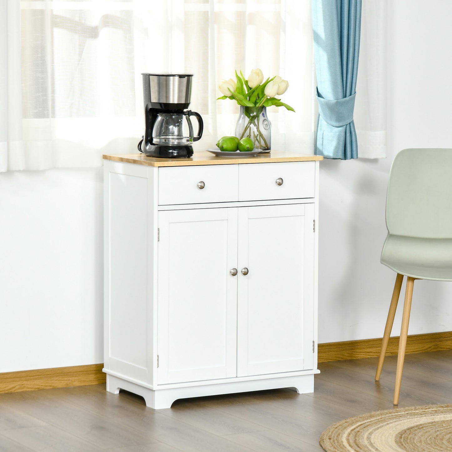 Colalu Wooden Kitchen Cabinet With Solid Natural Top 2 Doors 2 Drawers