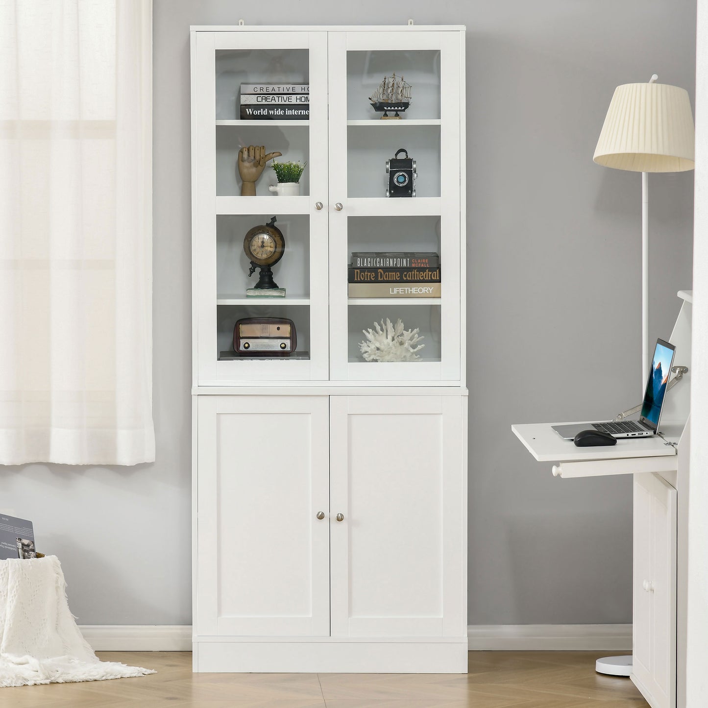 Mola Colu Wood And Glass White Display Bookcase With Adjustable Shelves And Glass Doors