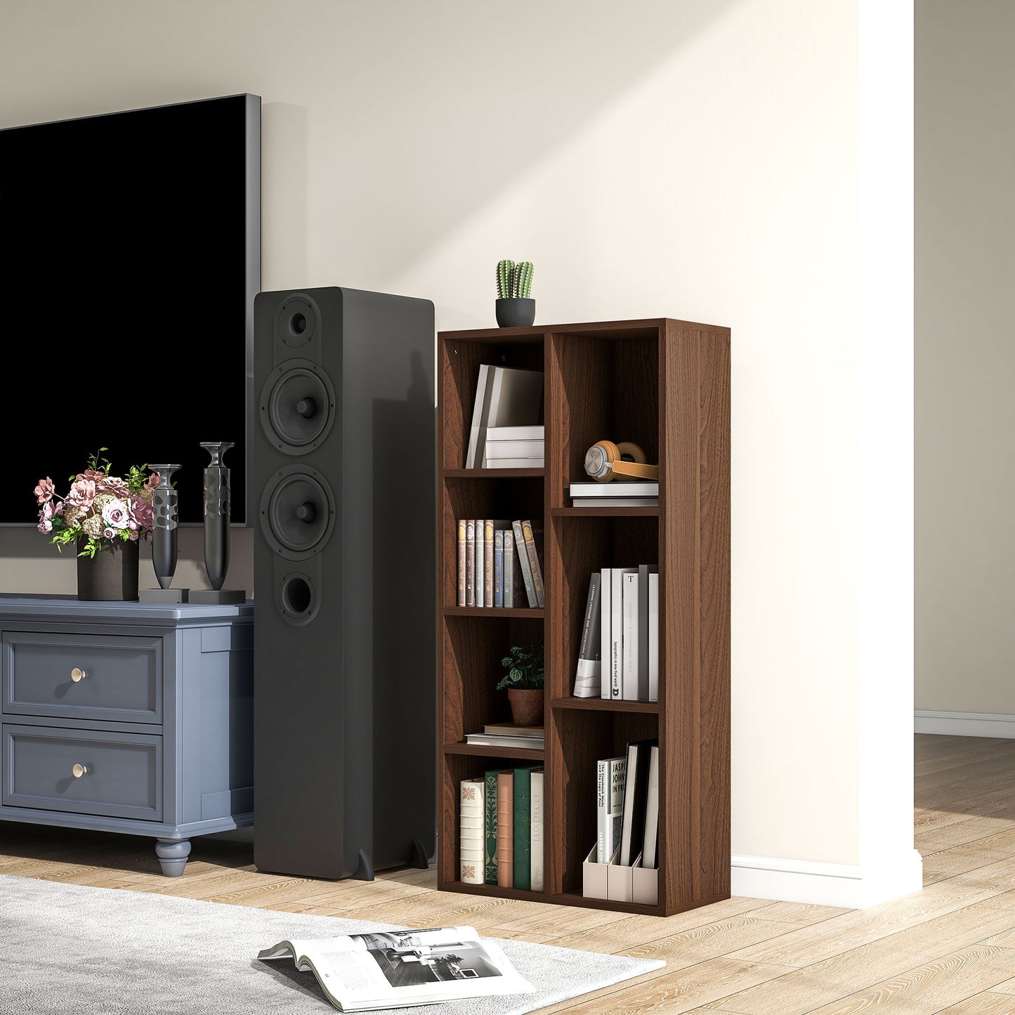 Nofivi Yofa Wood Walnut Effect 7 Cube Storage Bookcase