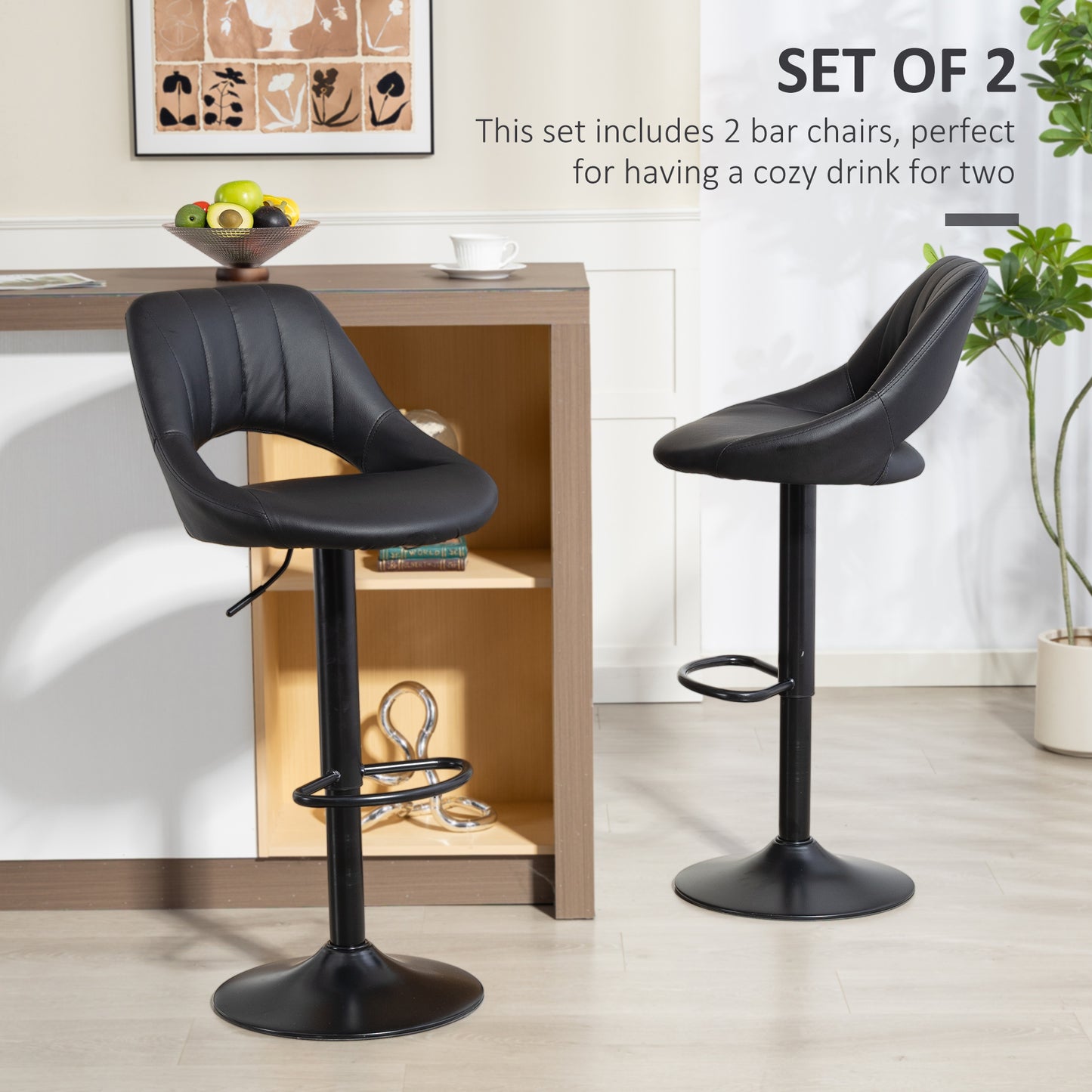 Nadi Set Of 2 Black Faux Leather Bar Chairs With Padded Seats