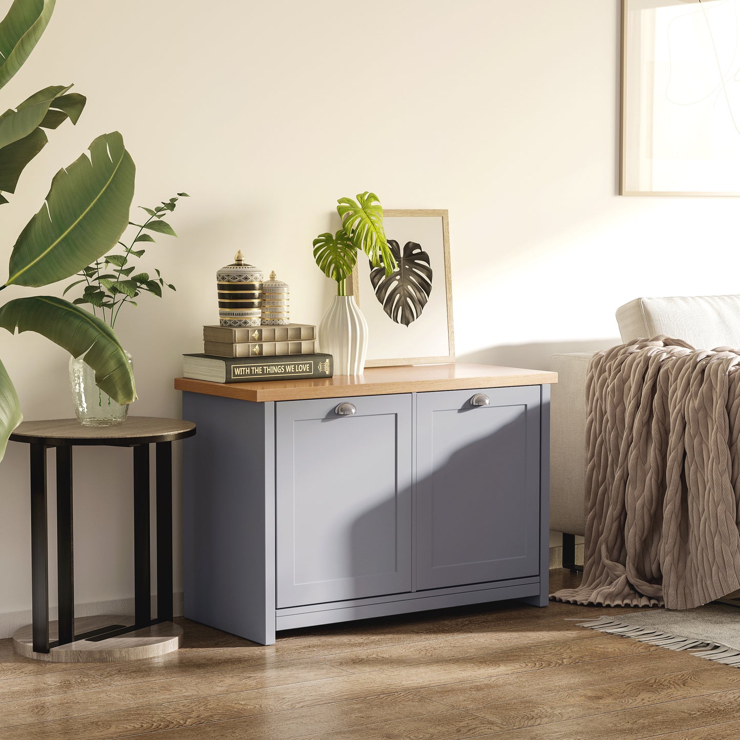 Zifa Grey and Natural Wooden  Shoe Cabinet With 2 Doors For Hallway Storage