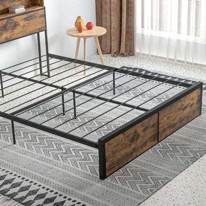 Selofa 5FT2 Brown and Black Metal Industrial King Bed Frame with Shelves